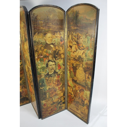 415 - A Late Victorian Four Panel Arch Topped Modesty Screen decorated with Decoupage to Both Sides. Eboni... 