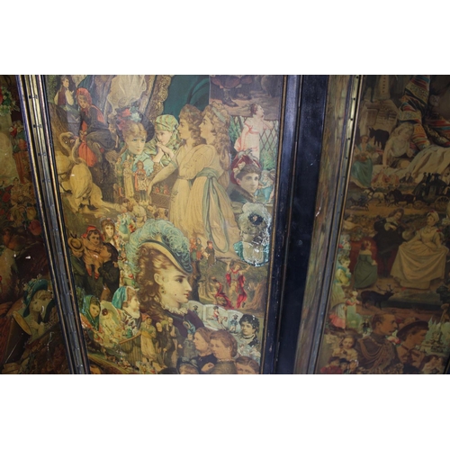 415 - A Late Victorian Four Panel Arch Topped Modesty Screen decorated with Decoupage to Both Sides. Eboni... 