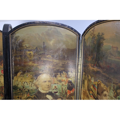 415 - A Late Victorian Four Panel Arch Topped Modesty Screen decorated with Decoupage to Both Sides. Eboni... 