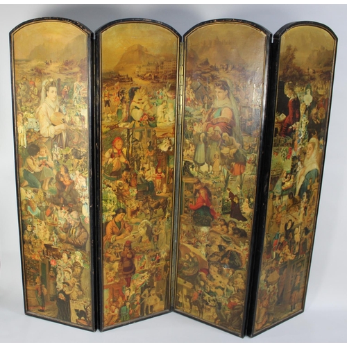 415 - A Late Victorian Four Panel Arch Topped Modesty Screen decorated with Decoupage to Both Sides. Eboni... 