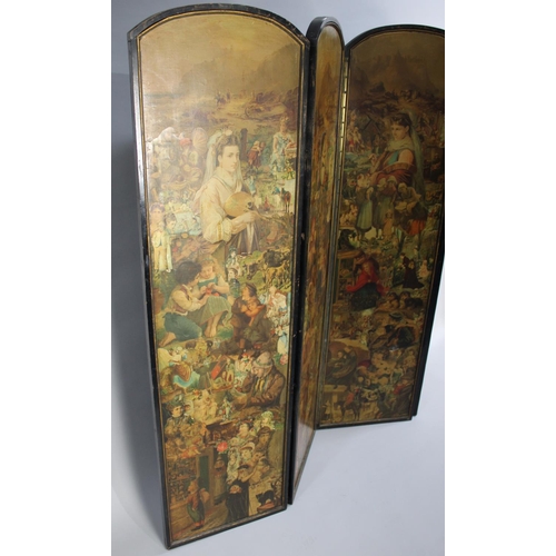 415 - A Late Victorian Four Panel Arch Topped Modesty Screen decorated with Decoupage to Both Sides. Eboni... 