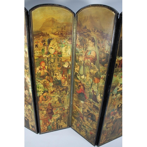 415 - A Late Victorian Four Panel Arch Topped Modesty Screen decorated with Decoupage to Both Sides. Eboni... 