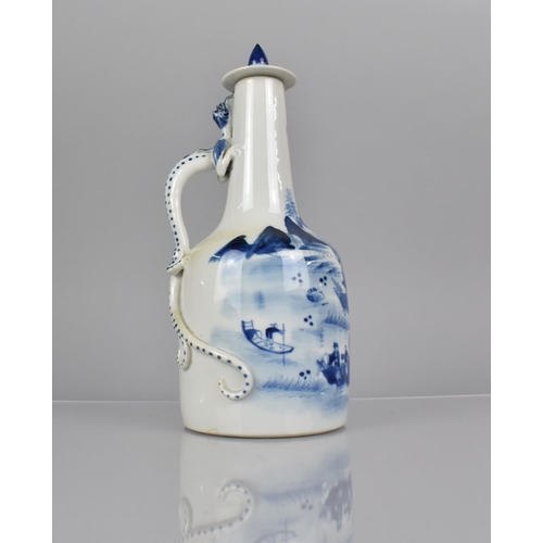 370 - A Chinese Porcelain Blue and White Water Bottle and Cover with Single Handle in the Form of Crawling... 