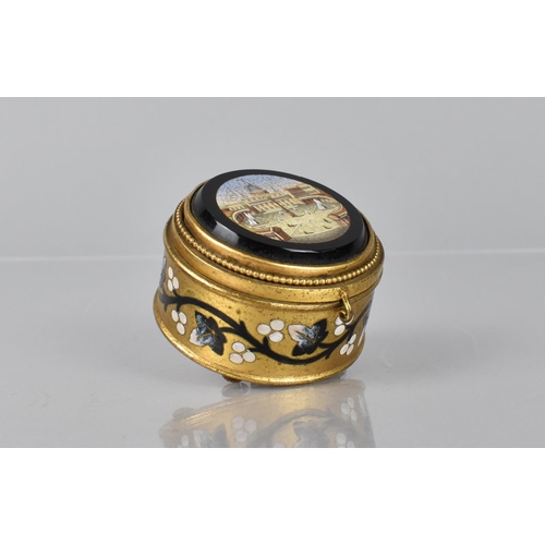 51 - A Small 19th Century Gilt Metal and Enamel Grand Tour Box of Circular Form, The Hinged Lid with Impr... 