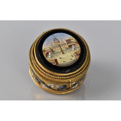 51 - A Small 19th Century Gilt Metal and Enamel Grand Tour Box of Circular Form, The Hinged Lid with Impr... 