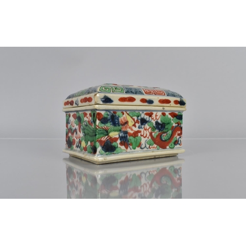 341 - A Chinese Porcelain Doucai Box of Rectangular form Decorated with Underglaze Blue and Applied Green,... 