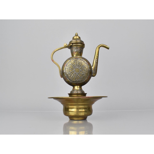 84 - A Small 19th/20th Century Islamic Damascus Mamluk Revival Brass Ewer and Basin with Inlaid Silver an... 