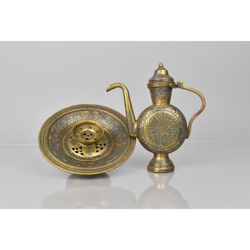 84 - A Small 19th/20th Century Islamic Damascus Mamluk Revival Brass Ewer and Basin with Inlaid Silver an... 