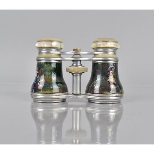 53 - A Cased Pair of Enamel and Mother of Pearl EB Meyrowitz Opera Glasses Finely decorated with Dandy an... 