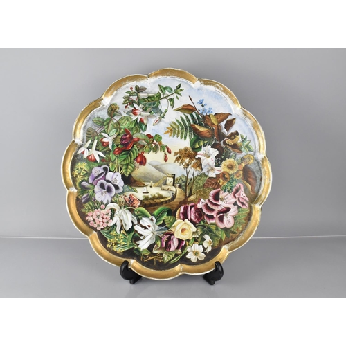 401 - A Large Circular Creamware Scalloped Edge Tray by Derby, Later Painted with Flowers and Harbour Scen... 