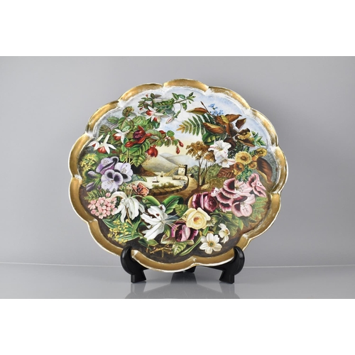 401 - A Large Circular Creamware Scalloped Edge Tray by Derby, Later Painted with Flowers and Harbour Scen... 