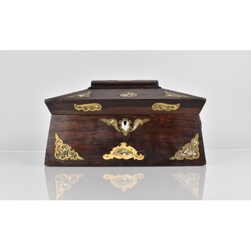 3 - A Brass and Mother of Pearl Inlaid Sarcophagus Shaped Rosewood Tea Caddy, Inner Fittings Removed, 32... 