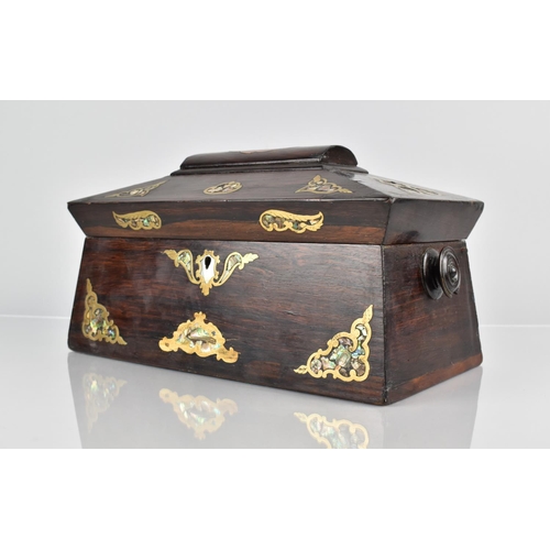 3 - A Brass and Mother of Pearl Inlaid Sarcophagus Shaped Rosewood Tea Caddy, Inner Fittings Removed, 32... 