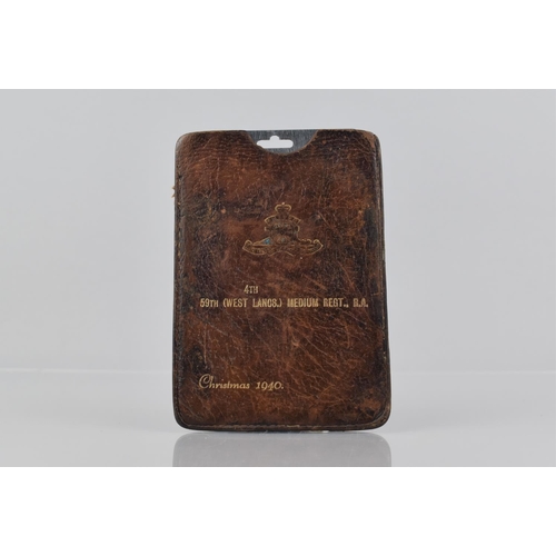 162 - A WWII Period Pocket Mirror in Leather Sleeve Embossed 4th 59th (West Lancs) Regt., R.A Christmas 19... 