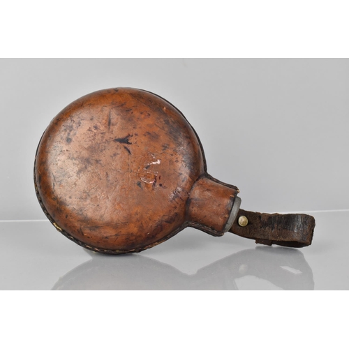 158 - A Late 19th Century British Army Leather Covered Circular Glass Military Water Bottle 15cms Diameter... 