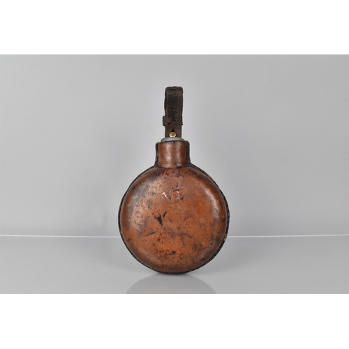 158 - A Late 19th Century British Army Leather Covered Circular Glass Military Water Bottle 15cms Diameter... 