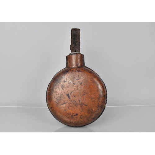 158 - A Late 19th Century British Army Leather Covered Circular Glass Military Water Bottle 15cms Diameter... 