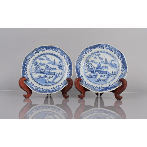 358 - A Pair of 18th/19th Century Chinese Blue and White Dishes decorated with River Village Scene having ... 