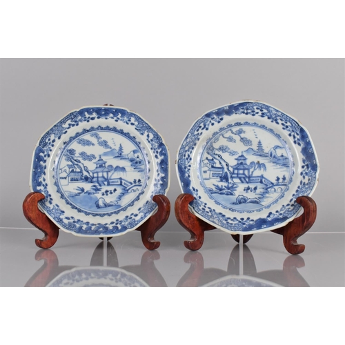 358 - A Pair of 18th/19th Century Chinese Blue and White Dishes decorated with River Village Scene having ... 