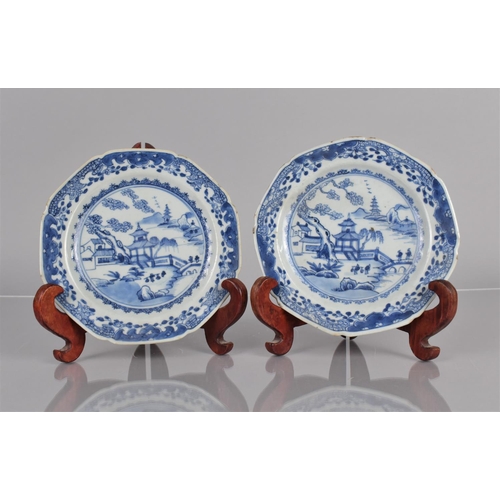 358 - A Pair of 18th/19th Century Chinese Blue and White Dishes decorated with River Village Scene having ... 