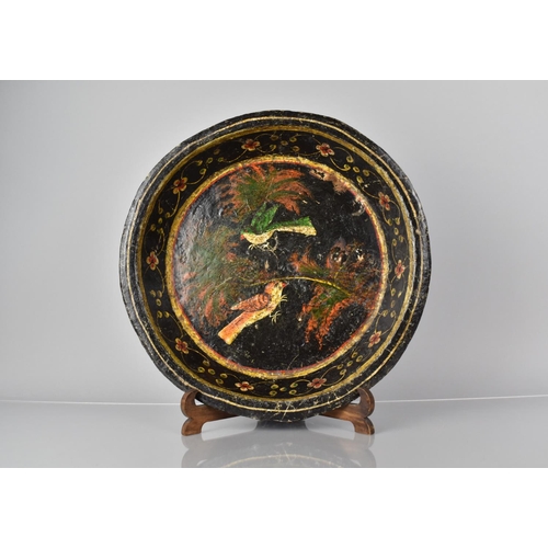 392 - A Late 19th Century Papier Mache Bowl with Original Polychrome Painted Decoration. 37cms Diameter