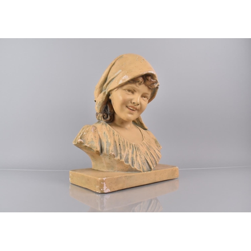 44 - An Early 20th Century Continental Plaster Bust of a Young Woman Wearing a Headscarf with Original Po... 