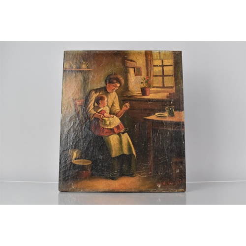 419 - A 19th Century Folk Art Oil Painting on Canvas of a Mother and Child in a Rustic Cottage Interior, S... 