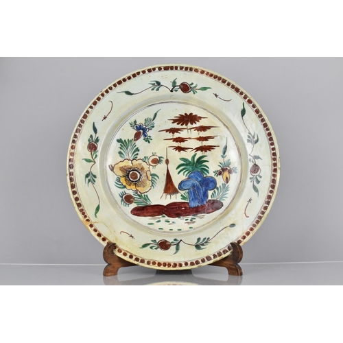 408 - An 18th Century Dutch Delft Charger with Polychrome Decoration, Some Historic Repairs, 35cms Diamete... 