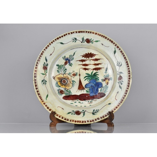 408 - An 18th Century Dutch Delft Charger with Polychrome Decoration, Some Historic Repairs, 35cms Diamete... 