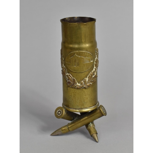 101 - A WWI Trench Art Vase formed from Spent Bullet and Shells with Laurel Wreath and Oval Mount Inscribe... 