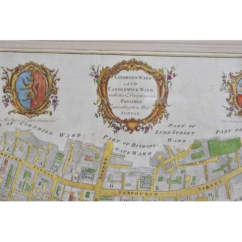 174 - A Framed Hand Coloured 18th Century Map of the Langborn Ward and Candlewick Ward in London, Dated 17... 