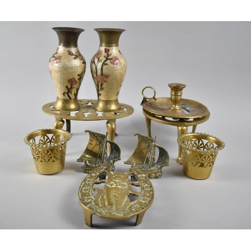 175 - A Collection of Various Brass Items to Include Two Trivets, Kettle Stand, Vases, Bedchamber Stick et... 