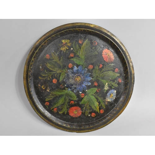 176 - A Victorian Polychrome Painted Papier Mache Circular Tray Tabletop, 43cm Diameter, Some Condition Is... 