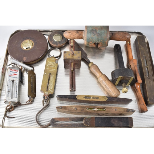 177 - A Collection of Various Vintage Tools, Spring Balances, Tape Measures etc