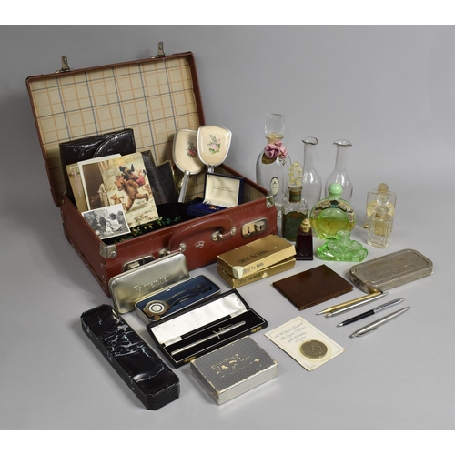 348 - A Vintage Leather Case containing Various Glass Perfume Bottles, Pens, Purses etc