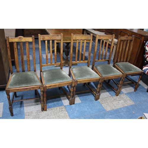 487 - A Harlequin Set of Five Oak Framed Dining Chairs