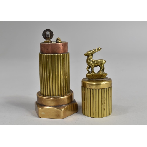 489 - A Brass and Copper Trench Art Type Clinical Table Lighter with Stag Finial, 13.5cm high (Unable to P... 