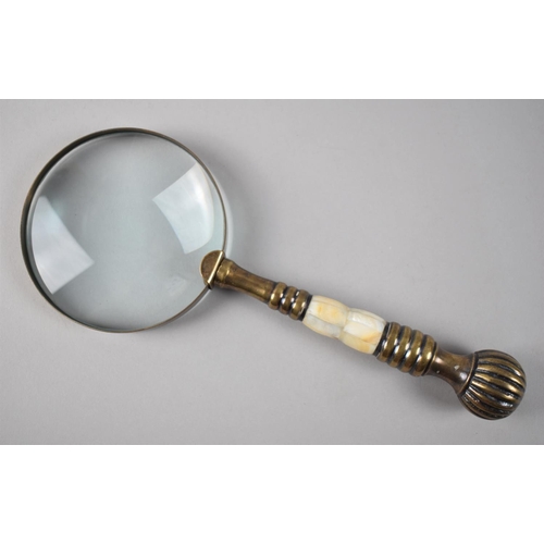 493 - A Modern Desk Top Magnifying Glass with Mother of Pearl and Brass Handle, 26cm Long