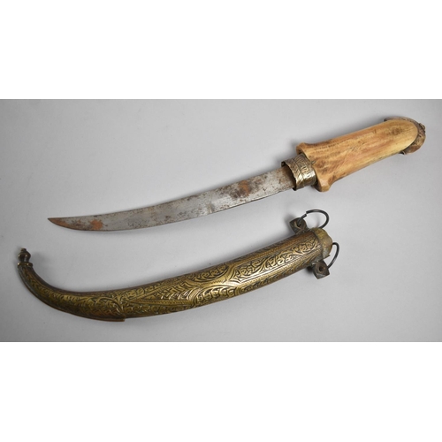 97 - A Vintage Arabic Kindjal Curved Blade Dagger with Bone Handle and Brass Scabbard, 40cms Long