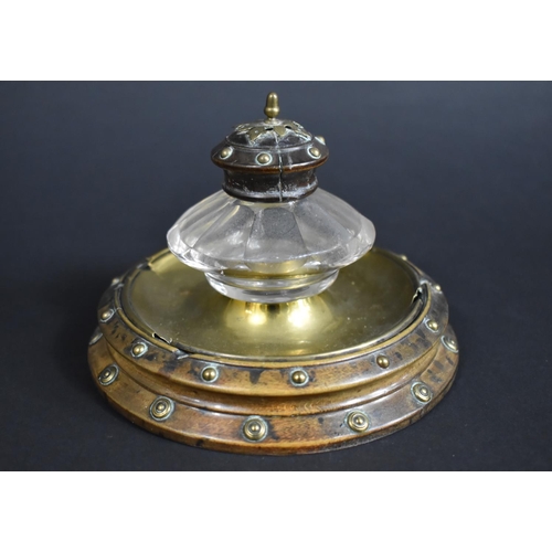 496 - A Late Victorian Brass Mounted and Studded Desk Top Inkwell, 14cm Diameter