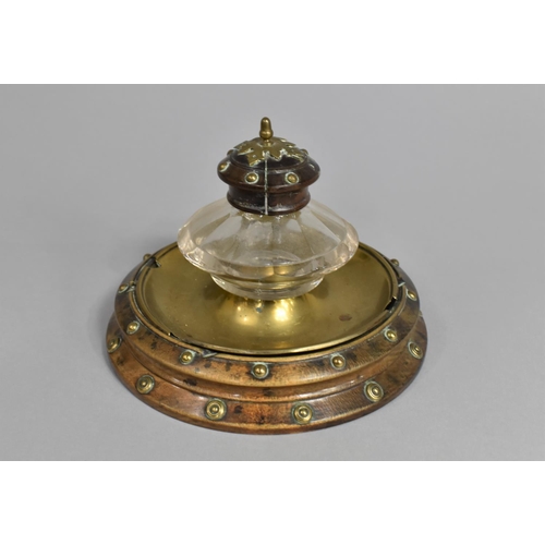 496 - A Late Victorian Brass Mounted and Studded Desk Top Inkwell, 14cm Diameter