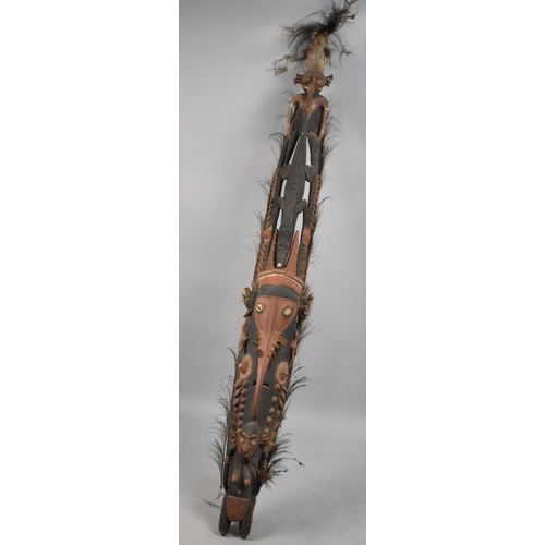 388 - A Large Long African Tribal Carved Wooden Totem Pole Depicting Warrior, Cocodile, Elephant Mask and ... 