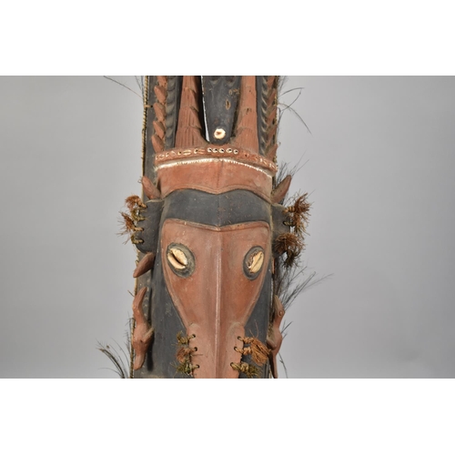 388 - A Large Long African Tribal Carved Wooden Totem Pole Depicting Warrior, Cocodile, Elephant Mask and ... 