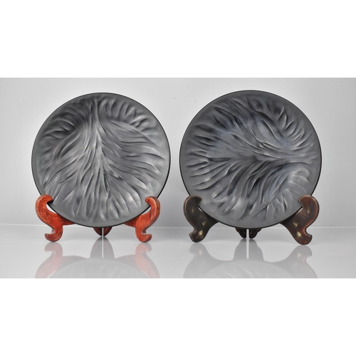 409 - A Pair of Lalique Black Glass Plates in the Algues Noir or Three of Life Pattern, Signed Lalique, Fr... 