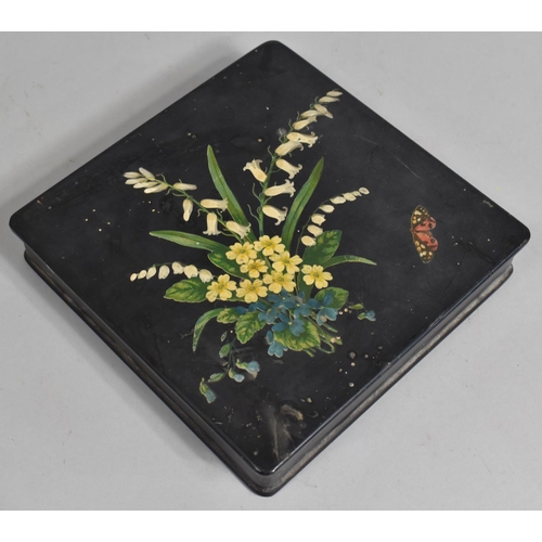 498 - A Late 19th Century Papier Mache Handkerchief Box with Floral Design to Lid