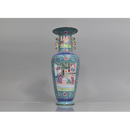 128 - A Chinese Famille Rose Enamel on Copper Vase decorated with Court Scene Cartouches on Blue Ground, t... 