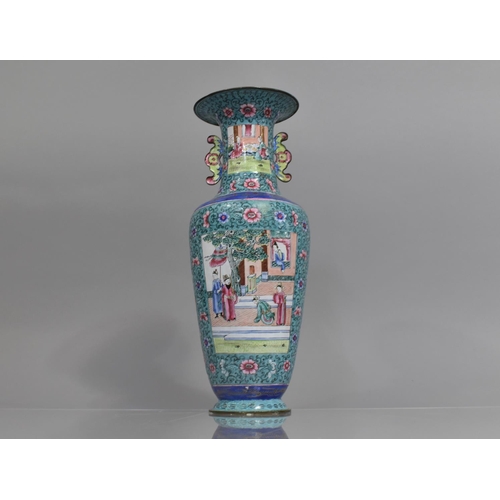 128 - A Chinese Famille Rose Enamel on Copper Vase decorated with Court Scene Cartouches on Blue Ground, t... 