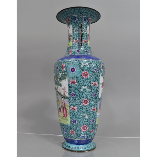 128 - A Chinese Famille Rose Enamel on Copper Vase decorated with Court Scene Cartouches on Blue Ground, t... 