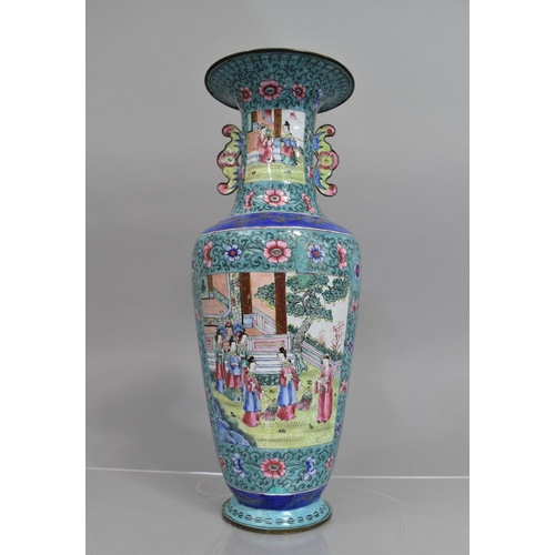 128 - A Chinese Famille Rose Enamel on Copper Vase decorated with Court Scene Cartouches on Blue Ground, t... 