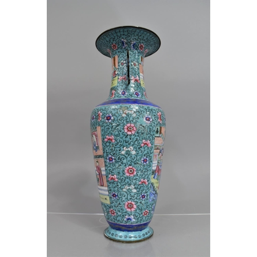 128 - A Chinese Famille Rose Enamel on Copper Vase decorated with Court Scene Cartouches on Blue Ground, t... 